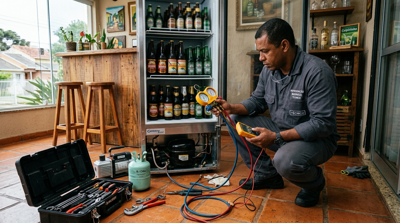 Técnico realizando manutenção de motor de cervejeira em Suzano‑SP